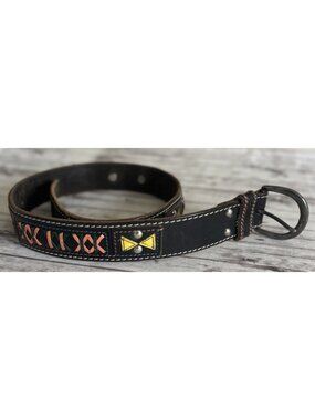 GAP Leather Belt Black Size 28 Medium Boho Yellow Blue Diamonds Southwestern